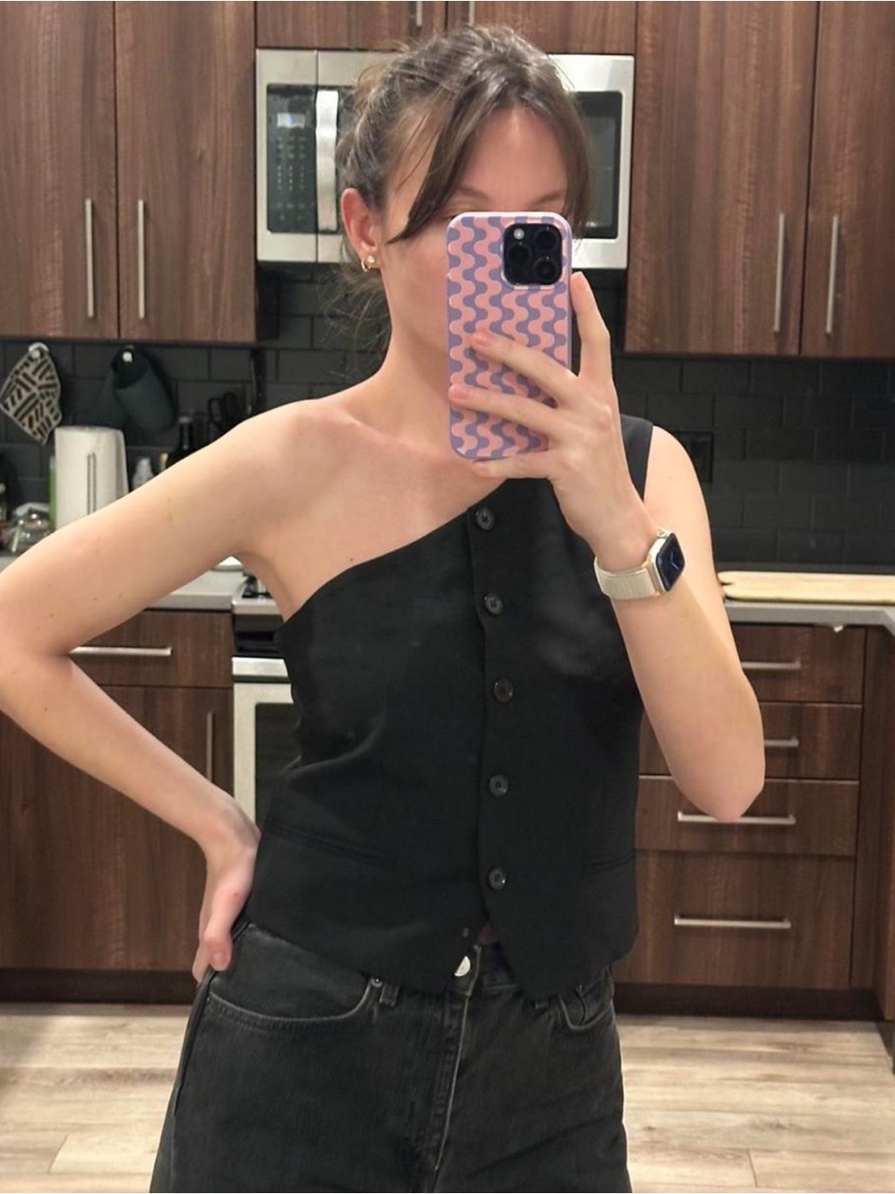 COS Black One-Shoulder Button-Front Crop Top